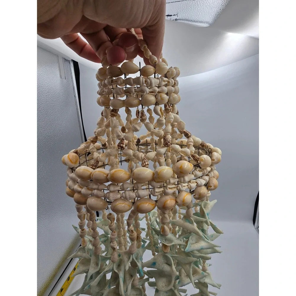 Seashell Wind Chime Hanging Mobile OS White Blue Good Coastal Boho